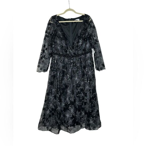 Mac Duggal 67541 Black Floral Sequin Long Sleeve Cocktail Dress| Size 16W - Picture 9 of 12